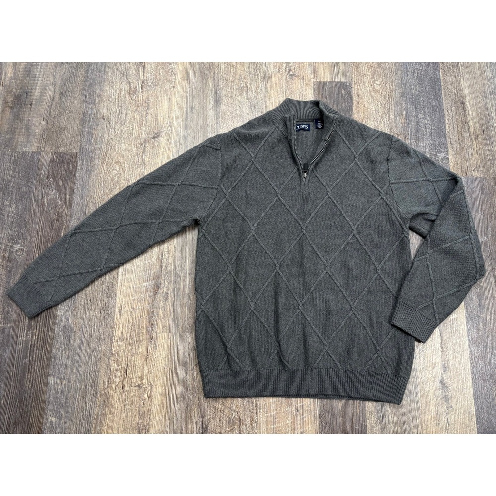 Chaps Mens Gray Diamond Cable Knit Quarter Zip Cotton Sweater Large